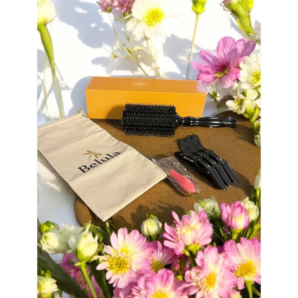 Belula Boar Bristle Round Brush for Blow Drying Set 3 Clips Cleaning Tool Volume